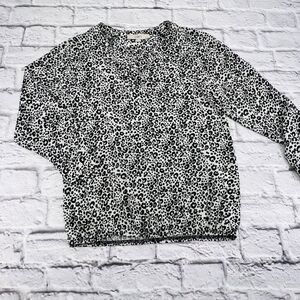 Ann Taylor Loft Blouse Small Petite Black White Leopard‎ Long Sleeve V Neck